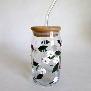 NEW 16oz HAND PAINTED DAISY FLOWER LADY BUGS BEJEWELED GLASS SIPPER W/ STRAW